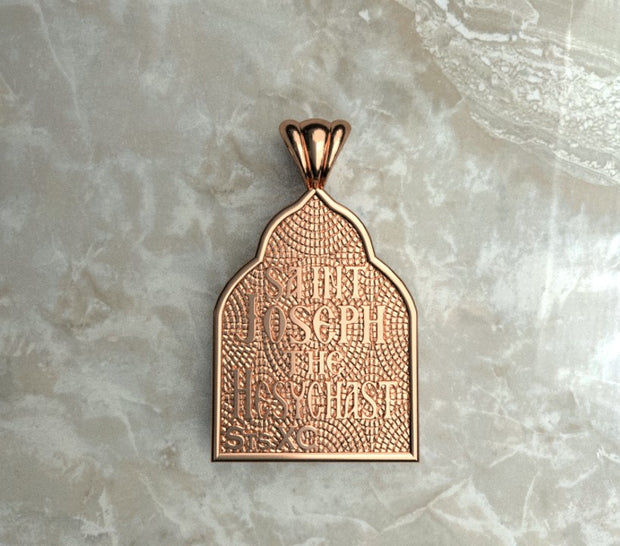 Saints of Christ Orthodox Icon Jewelry – Basilica (pointed Dome - Shaped) pendant of the Saint Joseph the Hesychast in rose gold or plated rose gold. (Back Side)