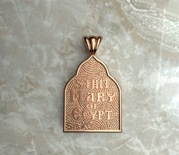 Saints of Christ Orthodox Icon Jewelry – Basilica (Pointed Dome - Shaped) pendant of the Saint Mary of Egypt in rose gold or plated rose gold. (Back Side)