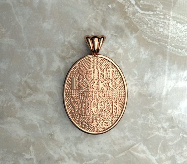 Saints of Christ Orthodox Icon Jewelry – Ovale (Oval - Shaped) pendant of the Saint Luke the Surgeon in rose gold or plated rose gold. (Back Side)