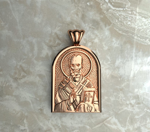 Saints of Christ Orthodox Icon Jewelry – Apse (Dome - Shaped) pendant of the Saint Nicholas of Myra in rose gold or plated rose gold. (Front Side)