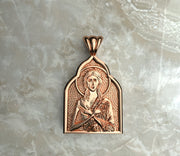 Saints of Christ Orthodox Icon Jewelry – Basilica (Pointed Dome - Shaped) pendant of the Saint Mary of Egypt in rose gold or plated rose gold. (Front Side)