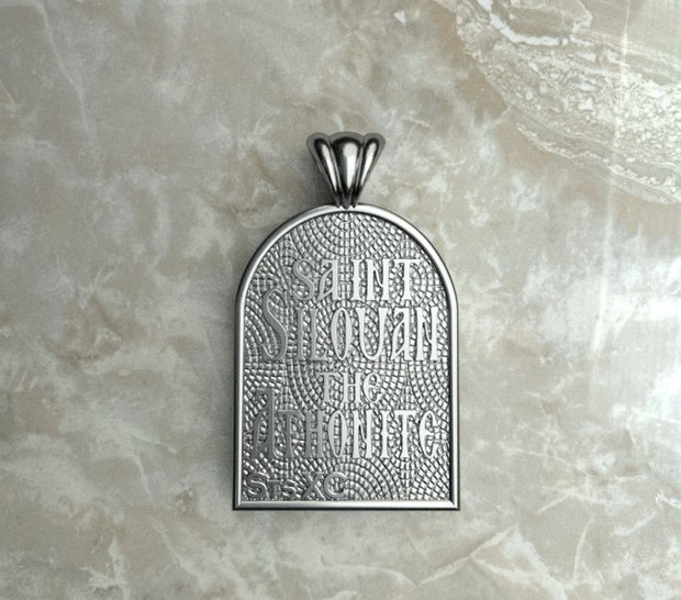 Saints of Christ Orthodox Icon Jewelry – Apse (Dome - Shaped) pendant of the Saint Silouan the Athonite in silver or white gold. (Back Side)