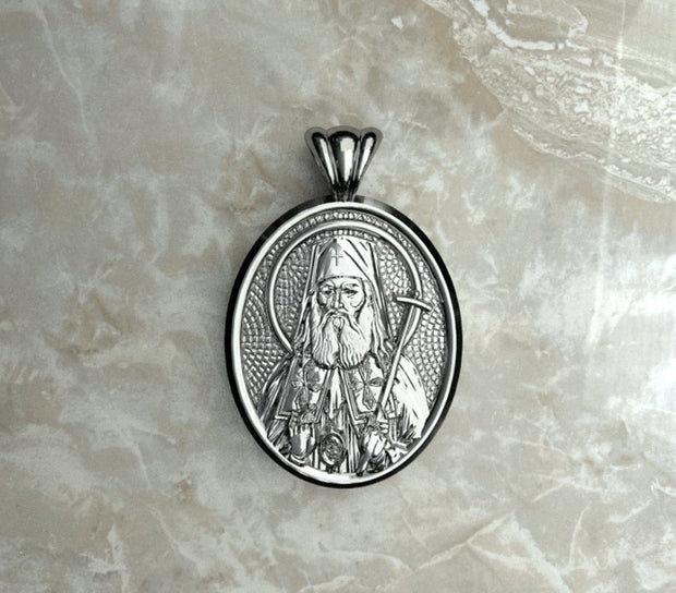 Saints of Christ Orthodox Icon Jewelry – Ovale (Oval - Shaped) pendant of the Saint Luke the Surgeon in sterling silver, white gold, or plated rhodium. (Front Side)