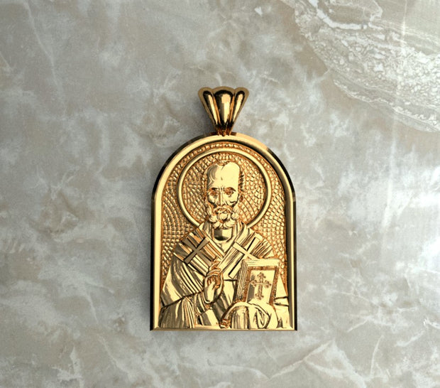 Saints of Christ Orthodox Icon Jewelry – Apse (Dome - Shaped) pendant of the Saint Nicholas of Myra in yellow gold or plated yellow gold. (Front Side)