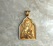Saints of Christ Orthodox Icon Jewelry – Basilica (Pointed Dome - Shaped) pendant of the Saint Mary of Egypt in yellow gold or plated yellow gold. (Front Side)